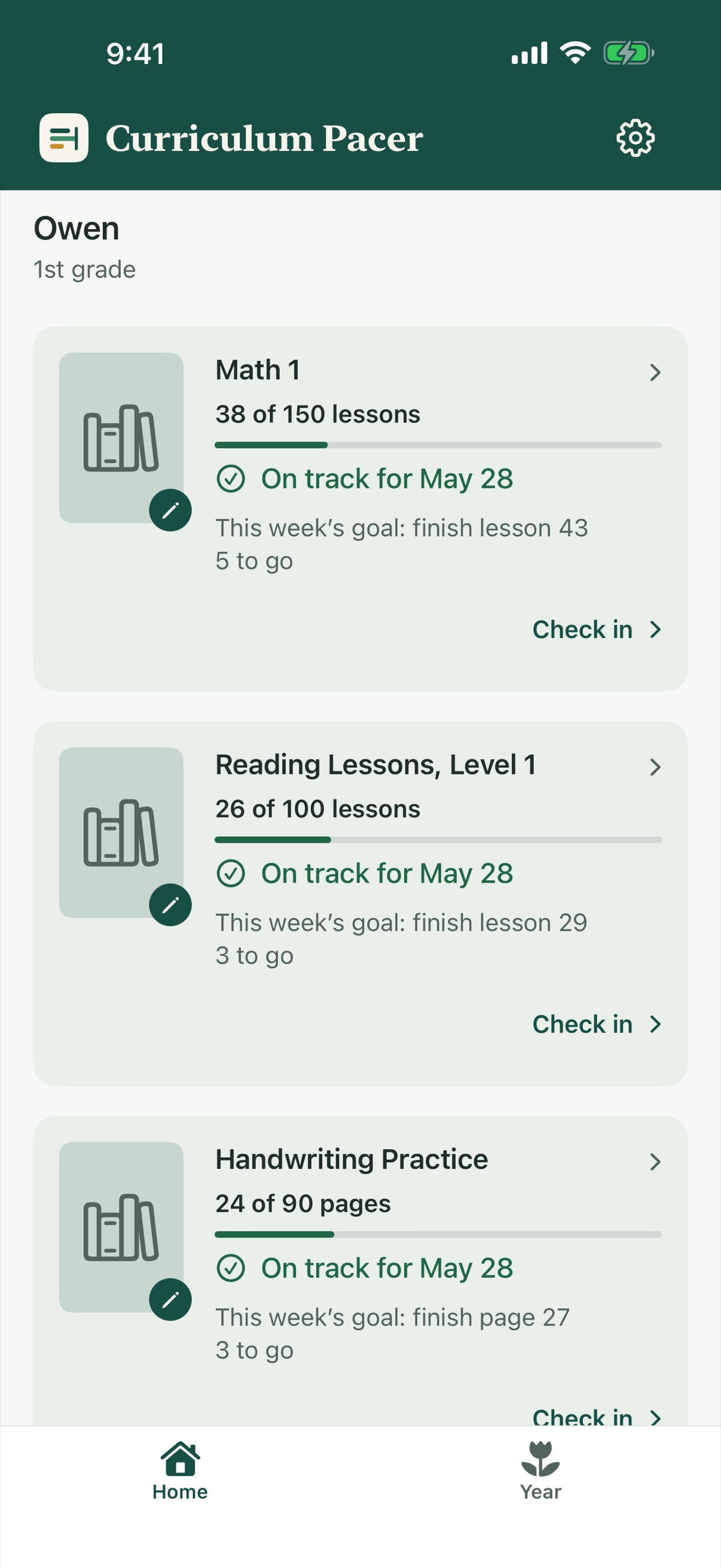 Home screen for Owen, 1st grade: Math 1, 38 of 150 lessons; Reading Lessons, Level 1, 26 of 100 lessons; Handwriting Practice, 24 of 90 pages. Each is on track for May 28 and shows this week’s goal.