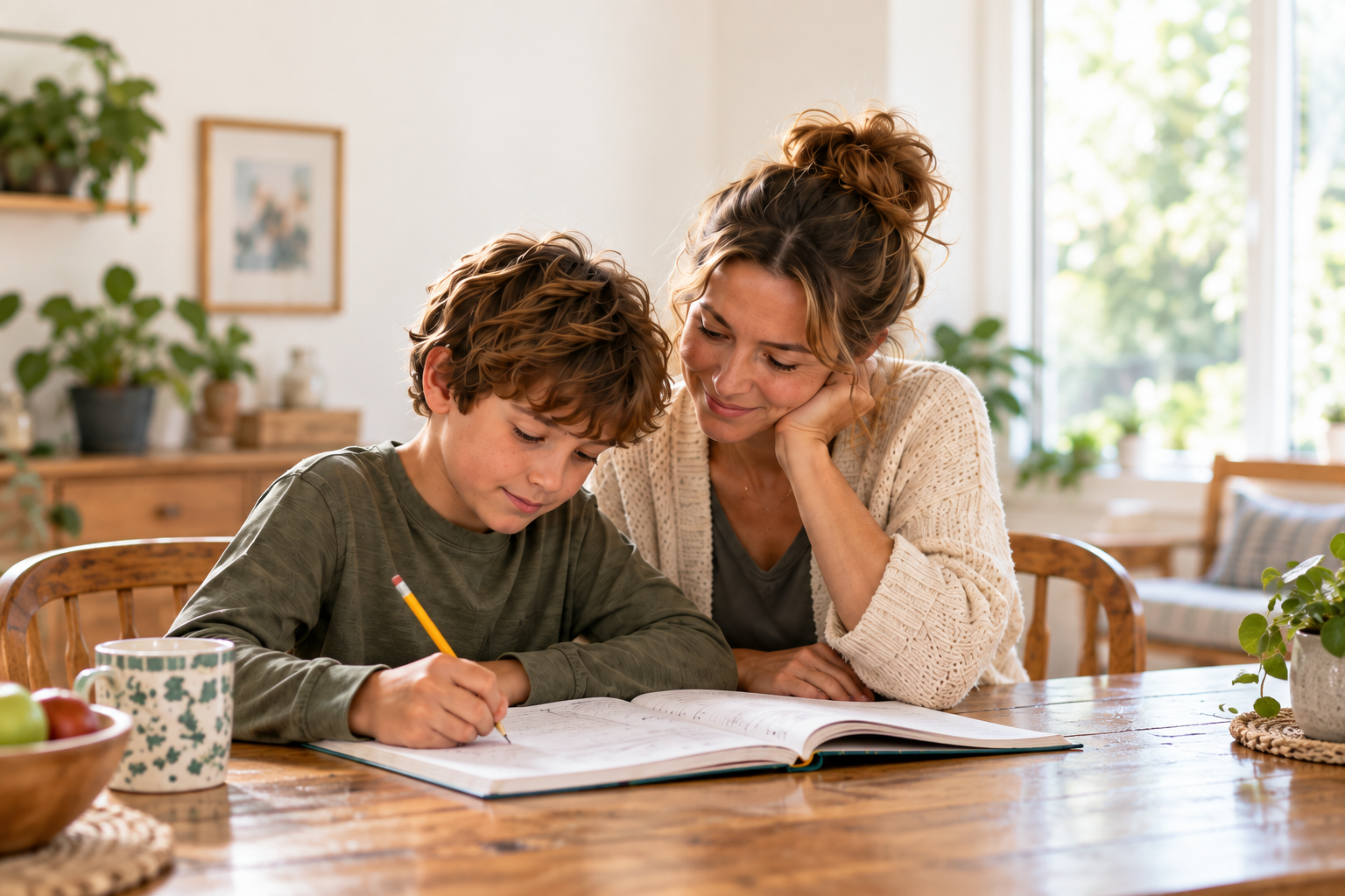 Illustration of a parent and child using a paper workbook together.